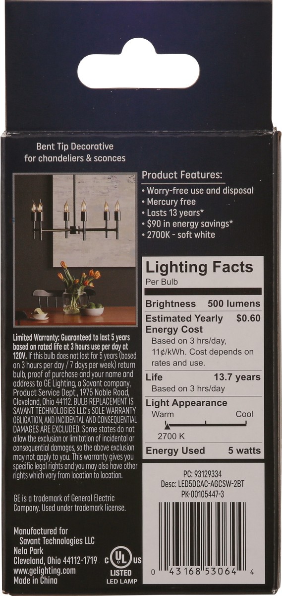 slide 8 of 12, GE LED 5 Watts Decorative Clear Finish Soft White Light Bulb 2 ea, 2 ct