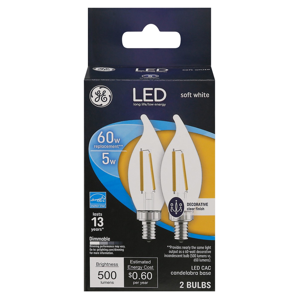 slide 11 of 12, GE LED 5 Watts Decorative Clear Finish Soft White Light Bulb 2 ea, 2 ct