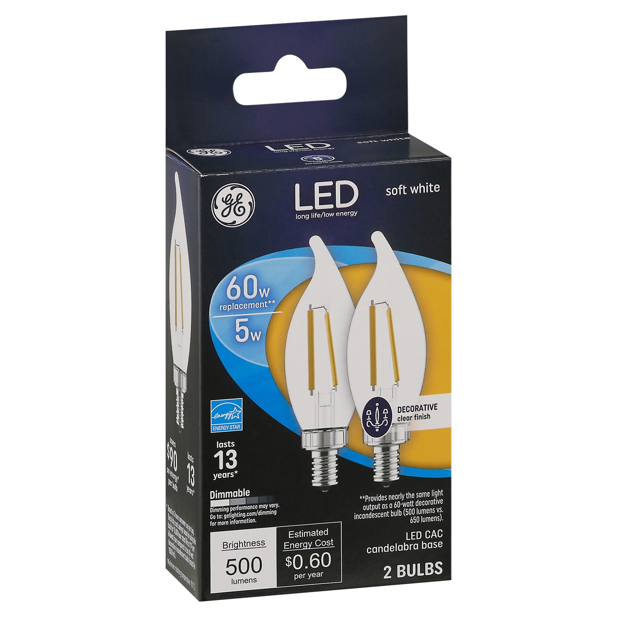 slide 5 of 12, GE LED 5 Watts Decorative Clear Finish Soft White Light Bulb 2 ea, 2 ct