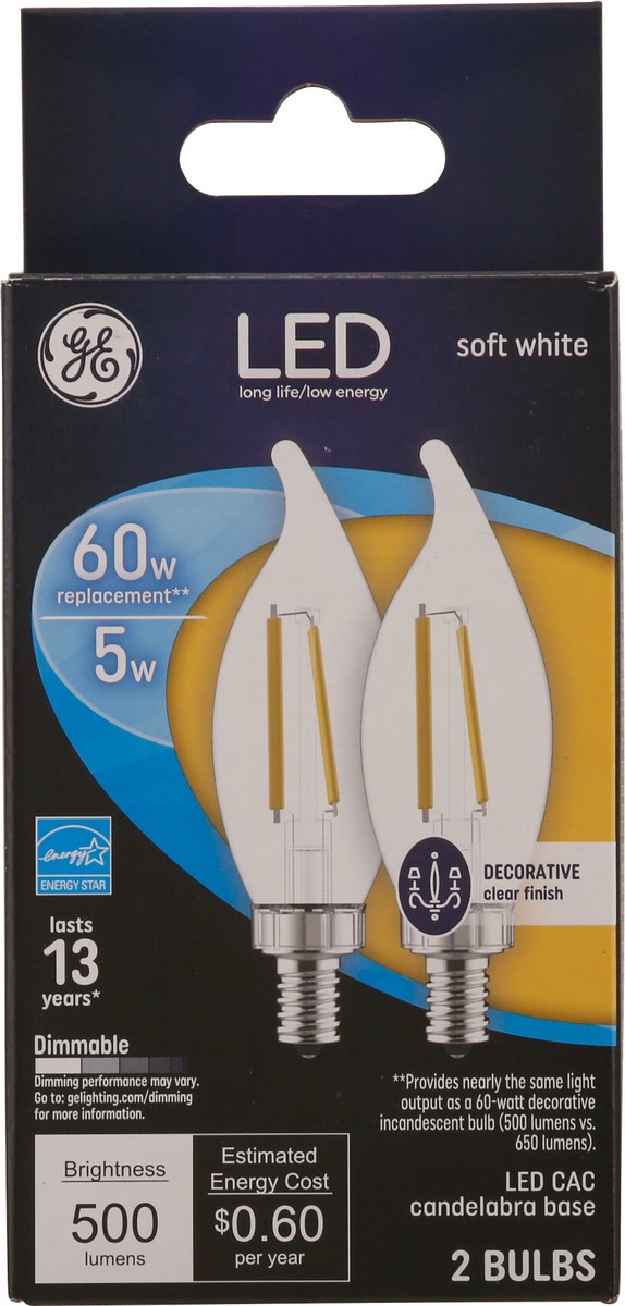 slide 9 of 12, GE LED 5 Watts Decorative Clear Finish Soft White Light Bulb 2 ea, 2 ct