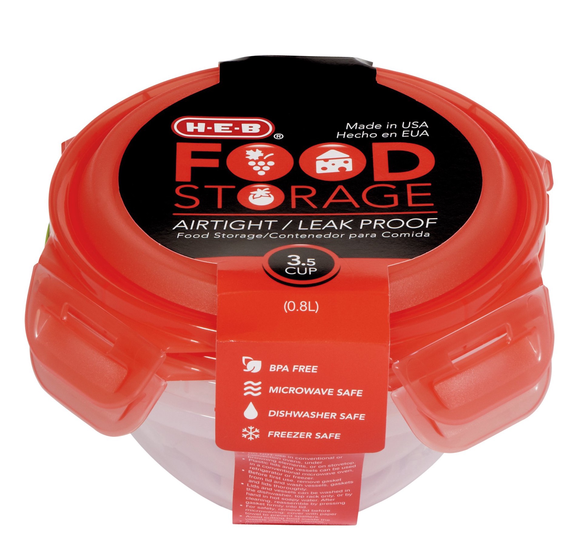 slide 1 of 1, H-E-B 3.5 Cup Airtight Leak Proof Food Storage Container with Red Lid, 2 ct