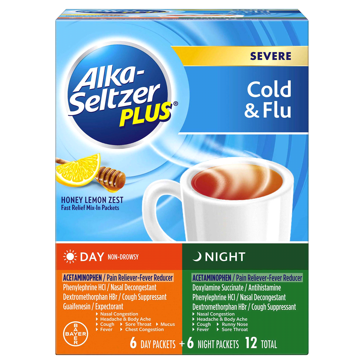 slide 1 of 1, Alka-Seltzer Plus Severe Cold Flu Day Night Powder Packets, 12 ct