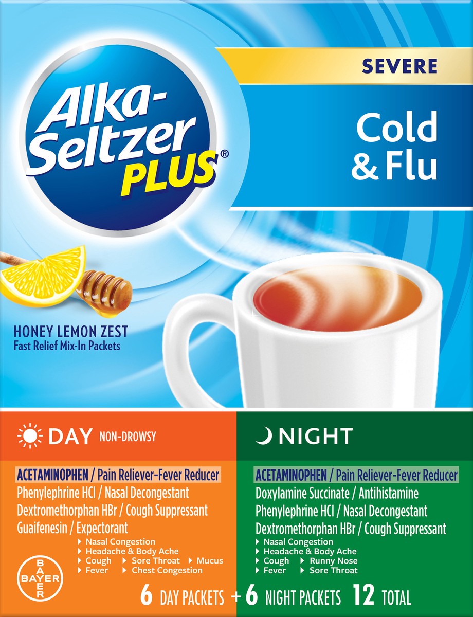 slide 1 of 7, Alka-Seltzer Plus Severe Cold Flu Day Night Powder Packets, 12 ct