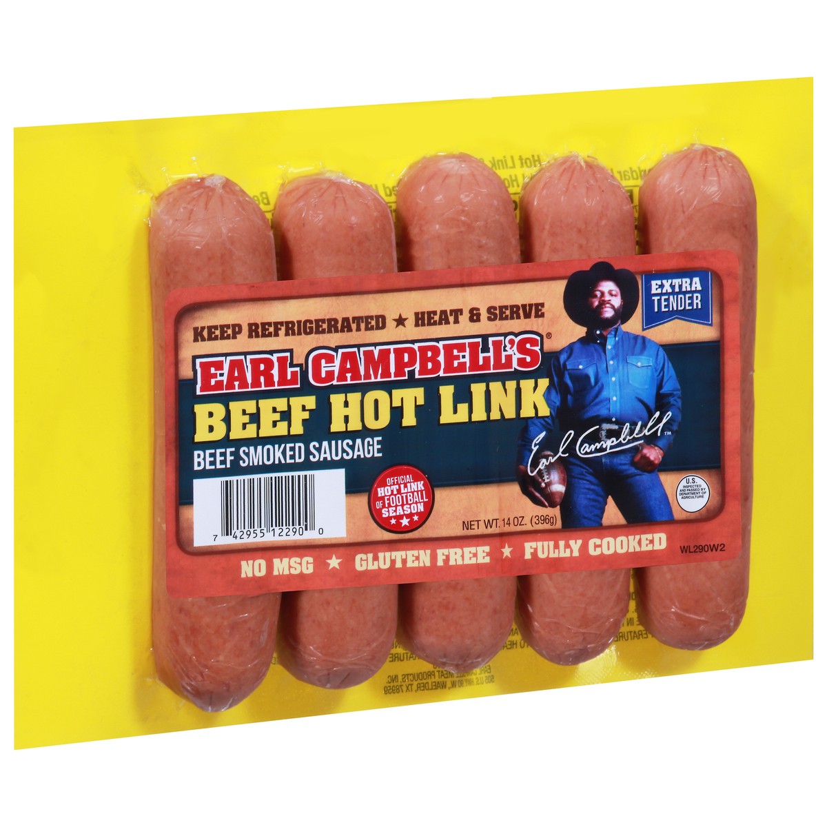 slide 2 of 9, Earl Campbell's Smoked Sausage Extra Tender Beef Hot Link 14 oz, 14 oz