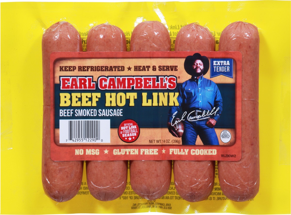 slide 6 of 9, Earl Campbell's Smoked Sausage Extra Tender Beef Hot Link 14 oz, 14 oz