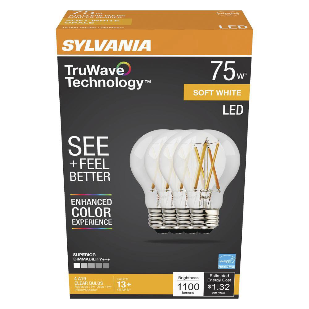 slide 1 of 1, Sylvania TruWave A19 75-Watt Clear Soft White LED Light Bulbs, 4 ct