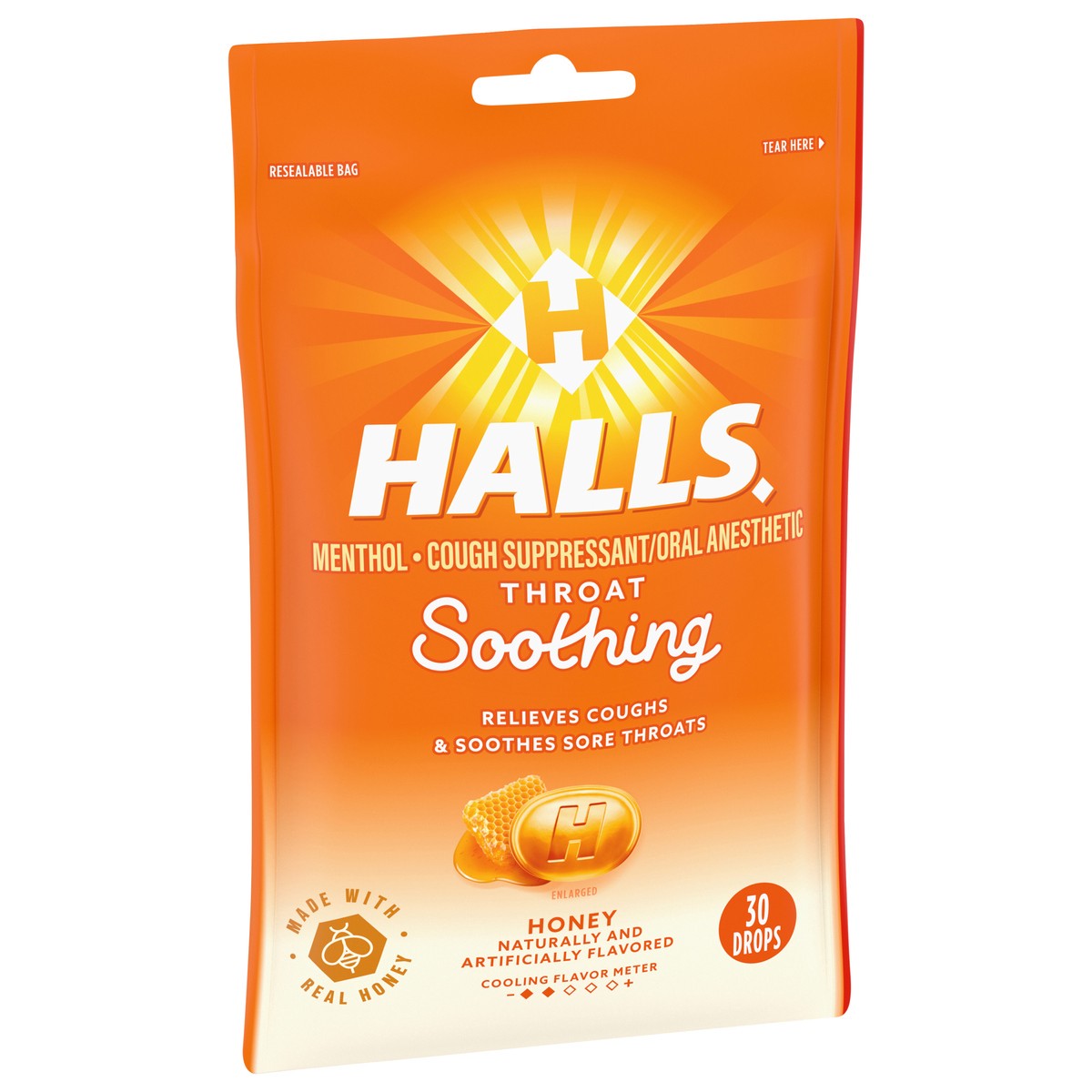 slide 2 of 9, HALLS Throat Soothing Honey Cough Drops, 30 Drops, 30 ct