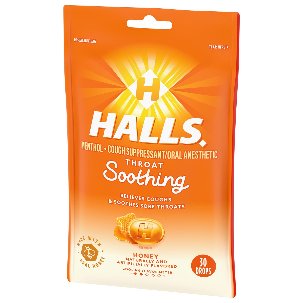 slide 3 of 9, HALLS Throat Soothing Honey Cough Drops, 30 Drops, 30 ct