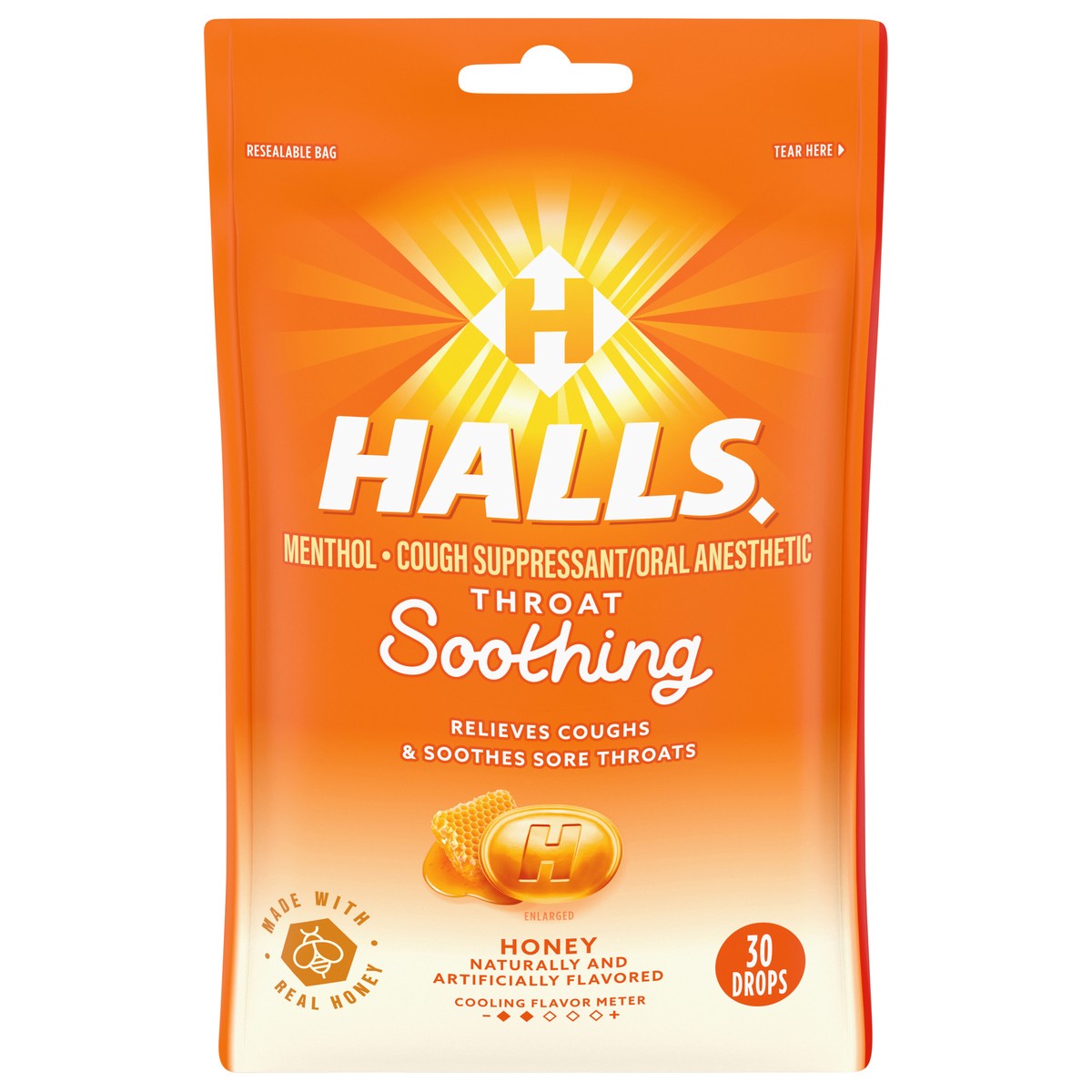 slide 1 of 9, HALLS Throat Soothing Honey Cough Drops, 30 Drops, 30 ct