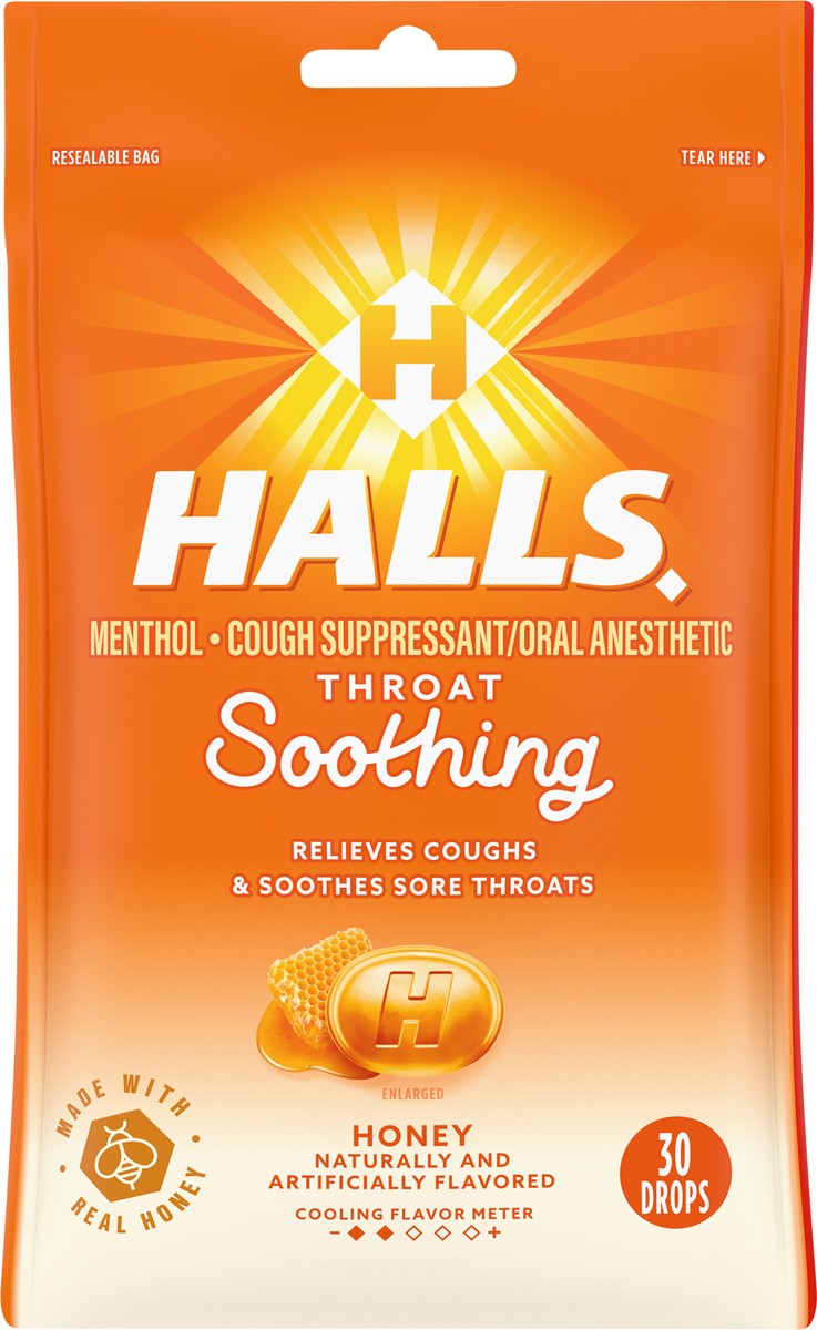 slide 6 of 9, HALLS Throat Soothing Honey Cough Drops, 30 Drops, 30 ct