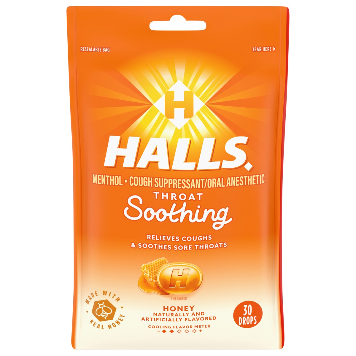 slide 1 of 9, HALLS Throat Soothing Honey Cough Drops, 30 Drops, 30 ct