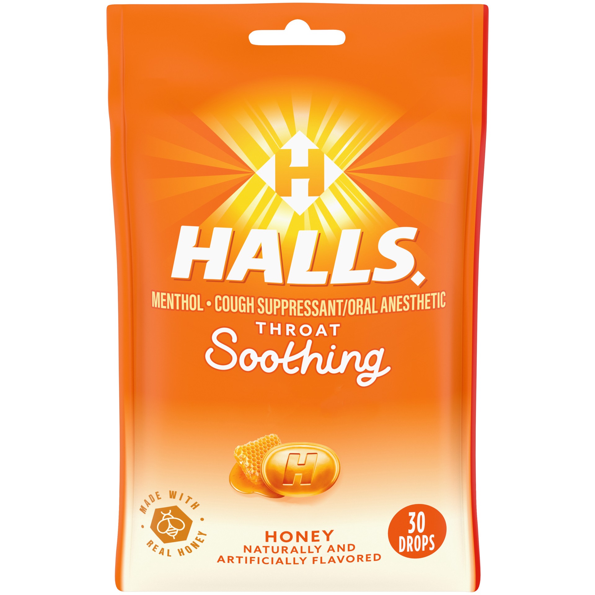 slide 1 of 9, HALLS Throat Soothing Honey Cough Drops, 30 Drops, 30 ct