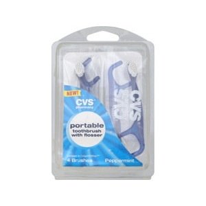 slide 1 of 1, CVS Pharmacy Portable Toothbrushes With Flosser Peppermint, 4 ct