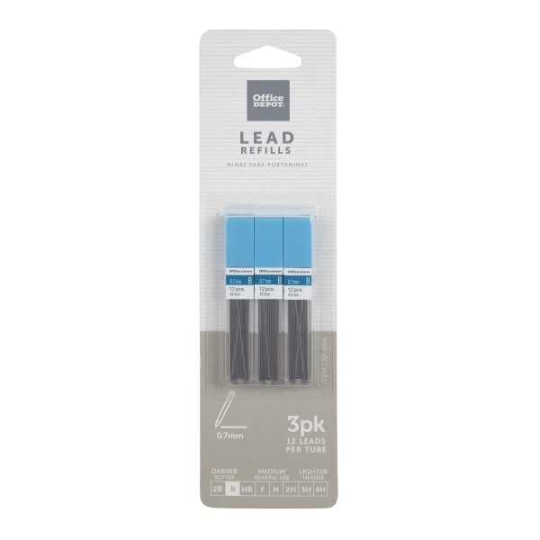 slide 1 of 1, Office Depot Brand Lead Refills, 0.7 Mm, B Hardness, Tube Of 12 Leads, Pack Of 3 Tubes, 3 ct