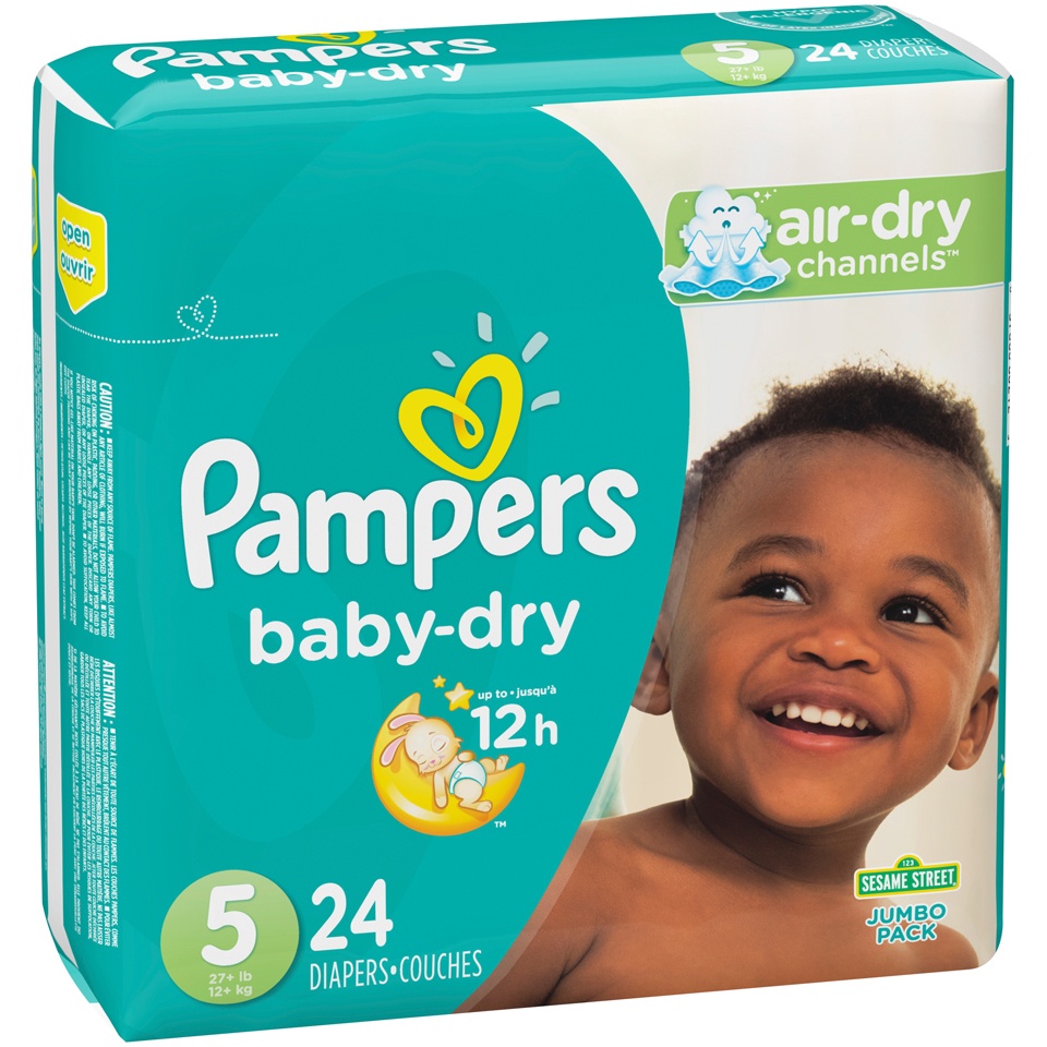 slide 2 of 3, Pampers Baby-Dry Jumbo Pack Size 5 (27+ lb) Sesame Street Diapers 24 ea, 24 ct