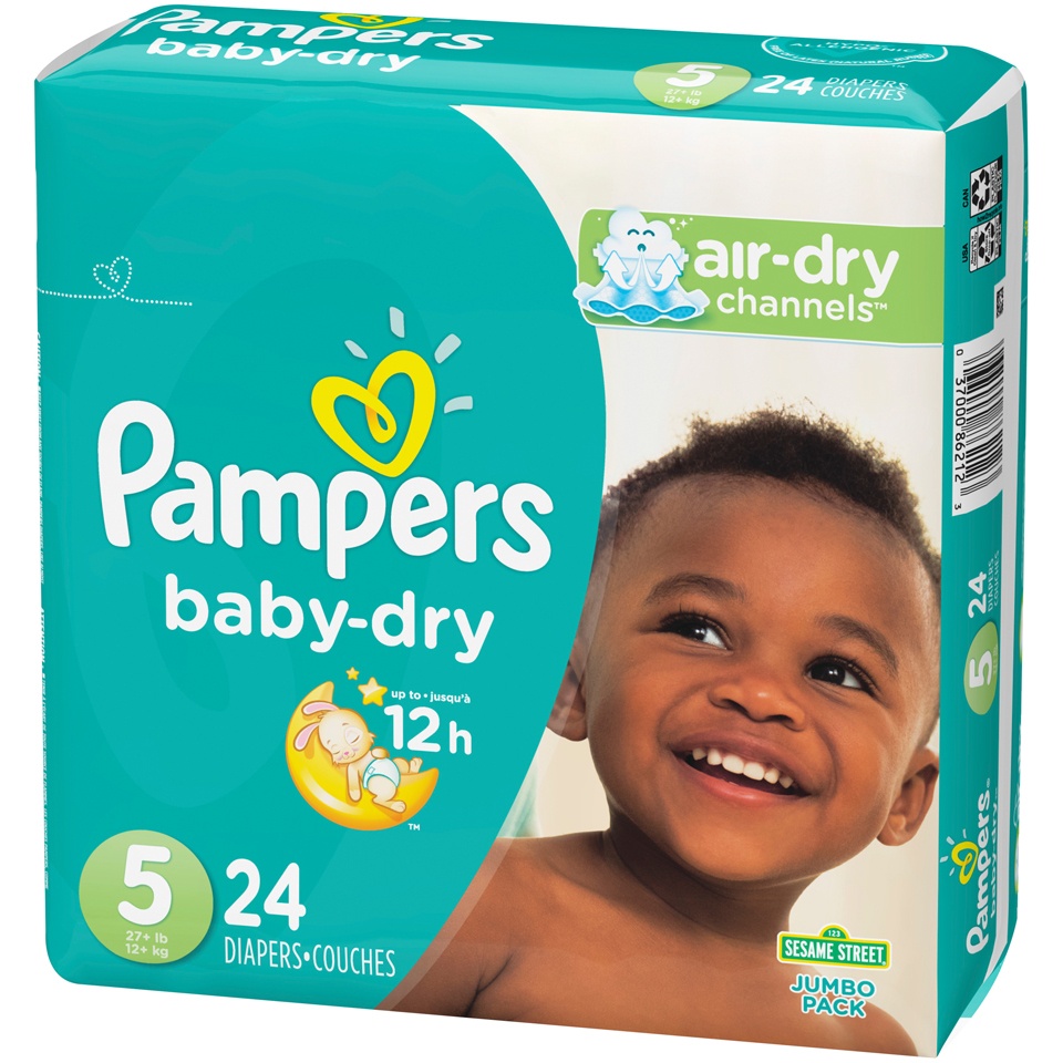 slide 3 of 3, Pampers Baby-Dry Jumbo Pack Size 5 (27+ lb) Sesame Street Diapers 24 ea, 24 ct
