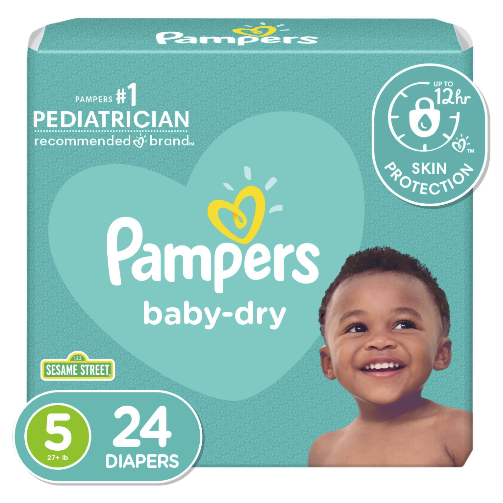 slide 1 of 3, Pampers Baby-Dry Jumbo Pack Size 5 (27+ lb) Sesame Street Diapers 24 ea, 24 ct