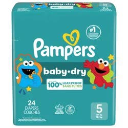 Pampers Baby Dry Ultra Cushiony Diapers, Size 5 (20-37 lbs), 24 Count, Up to 100% leakproof disposable diaper