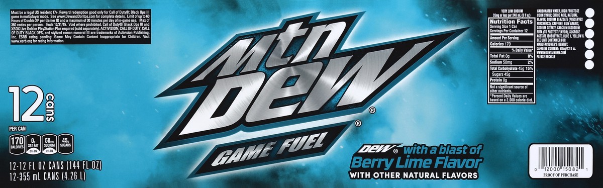 slide 5 of 6, Mountain Dew Game Fuel Berry Lime, 12 ct; 12 fl oz