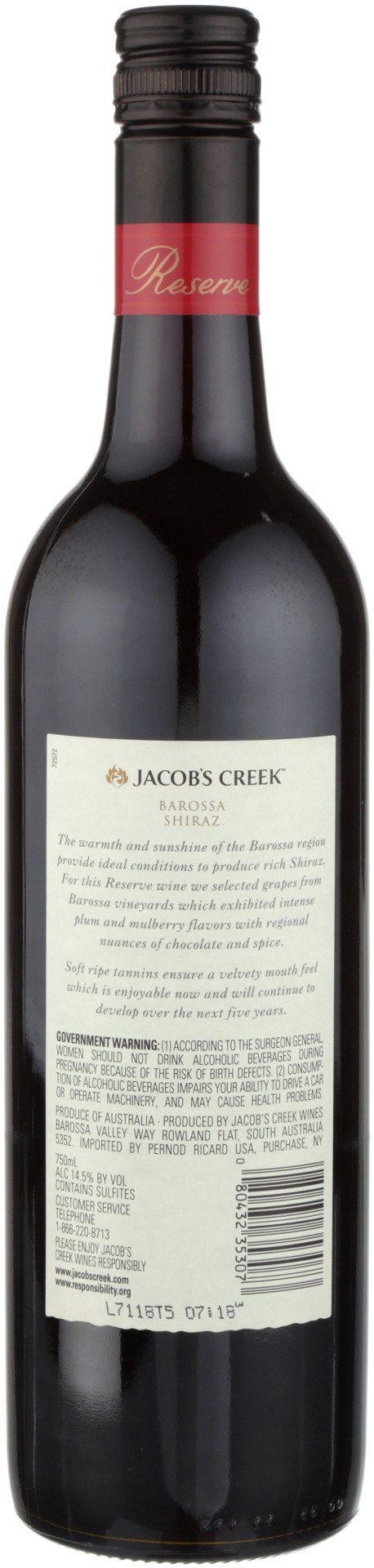 slide 4 of 6, Jacob's Creek Reserve Shiraz Red Wine 2017 750mL, 14.5% ABV, 750 ml