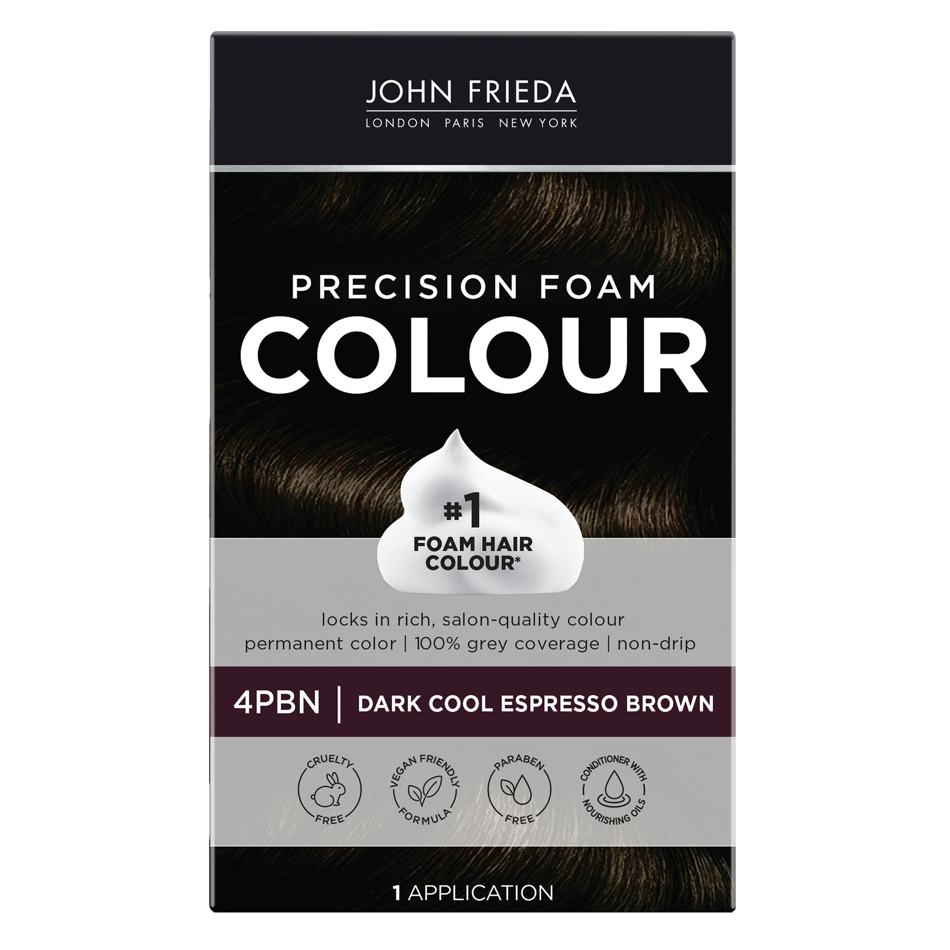 slide 1 of 9, John Frieda Brown Permanent Precision Hair Color Foam Hair Color Kit, Brown Hair Dye, 5NBG Medium Chestnut Brown Hair Color, 1 Application, 1 ct