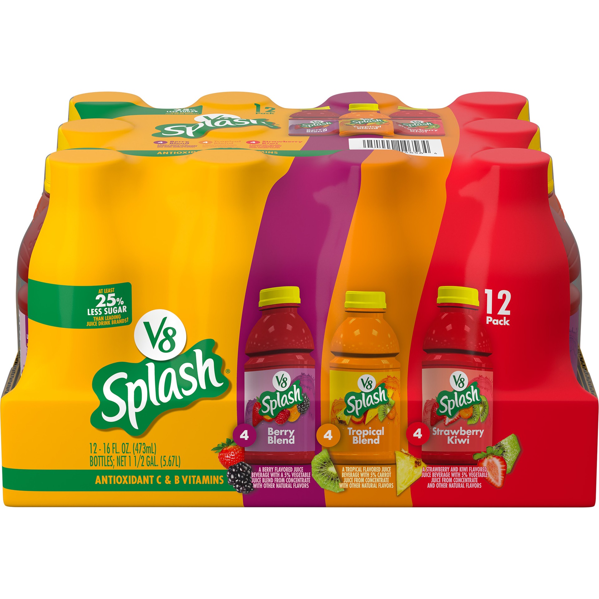 slide 1 of 8, V8 Splash Berry Blend, Tropical Blend and Strawberry Kiwi Juice Variety Pack, 16 fl oz Bottle (Pack of 12), 192 oz