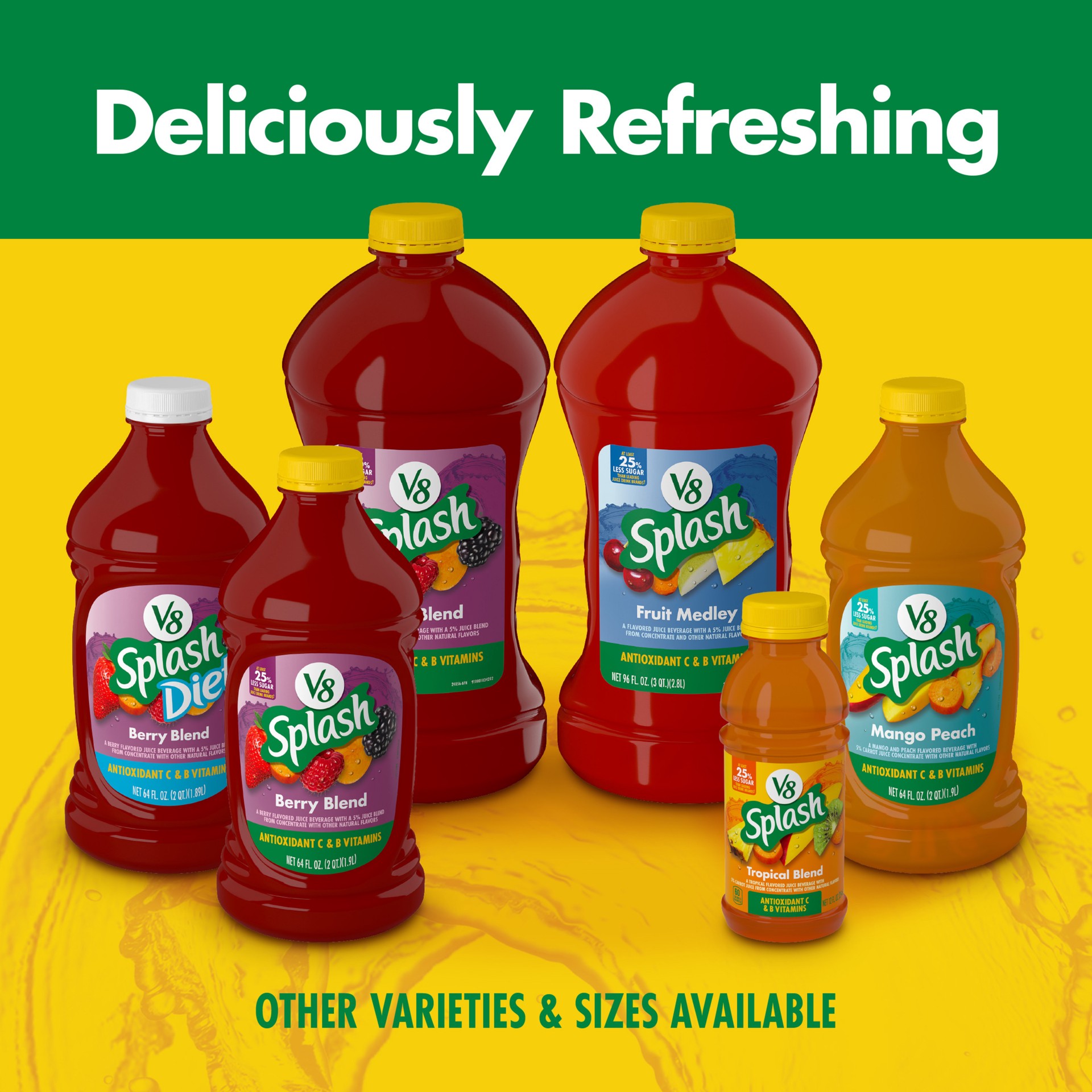 slide 2 of 8, V8 Splash Berry Blend, Tropical Blend and Strawberry Kiwi Juice Variety Pack, 16 fl oz Bottle (Pack of 12), 192 oz