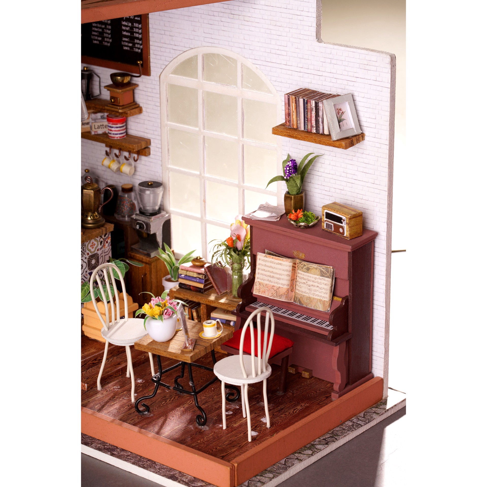 slide 15 of 16, Robotime Rolife Simon's Coffee Shop Diy Miniature House Kit, 7.48 in x 7.64 in x 8.9 in