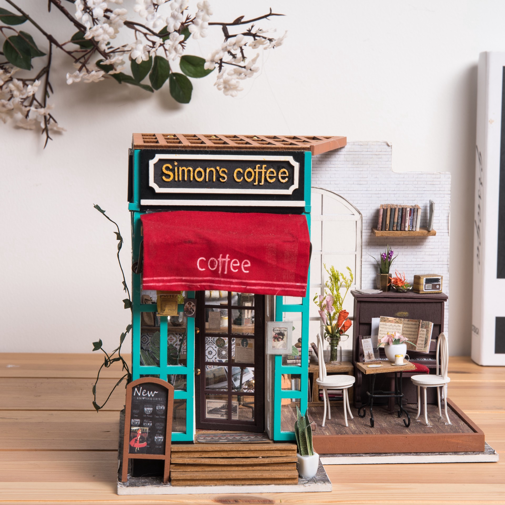 slide 5 of 16, Robotime Rolife Simon's Coffee Shop Diy Miniature House Kit, 7.48 in x 7.64 in x 8.9 in