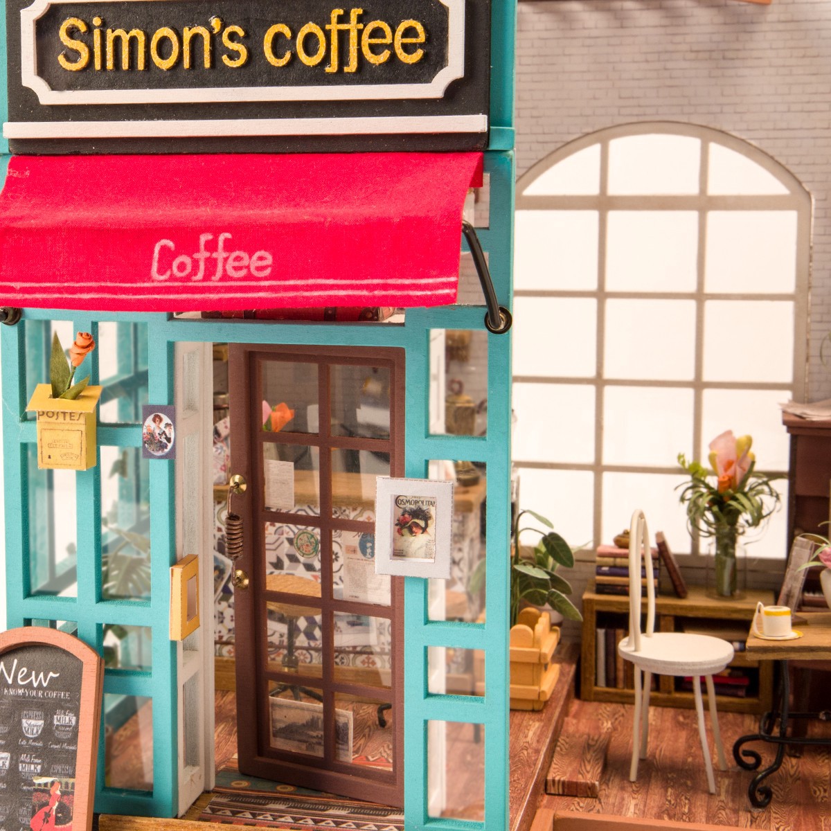 slide 3 of 16, Robotime Rolife Simon's Coffee Shop Diy Miniature House Kit, 7.48 in x 7.64 in x 8.9 in