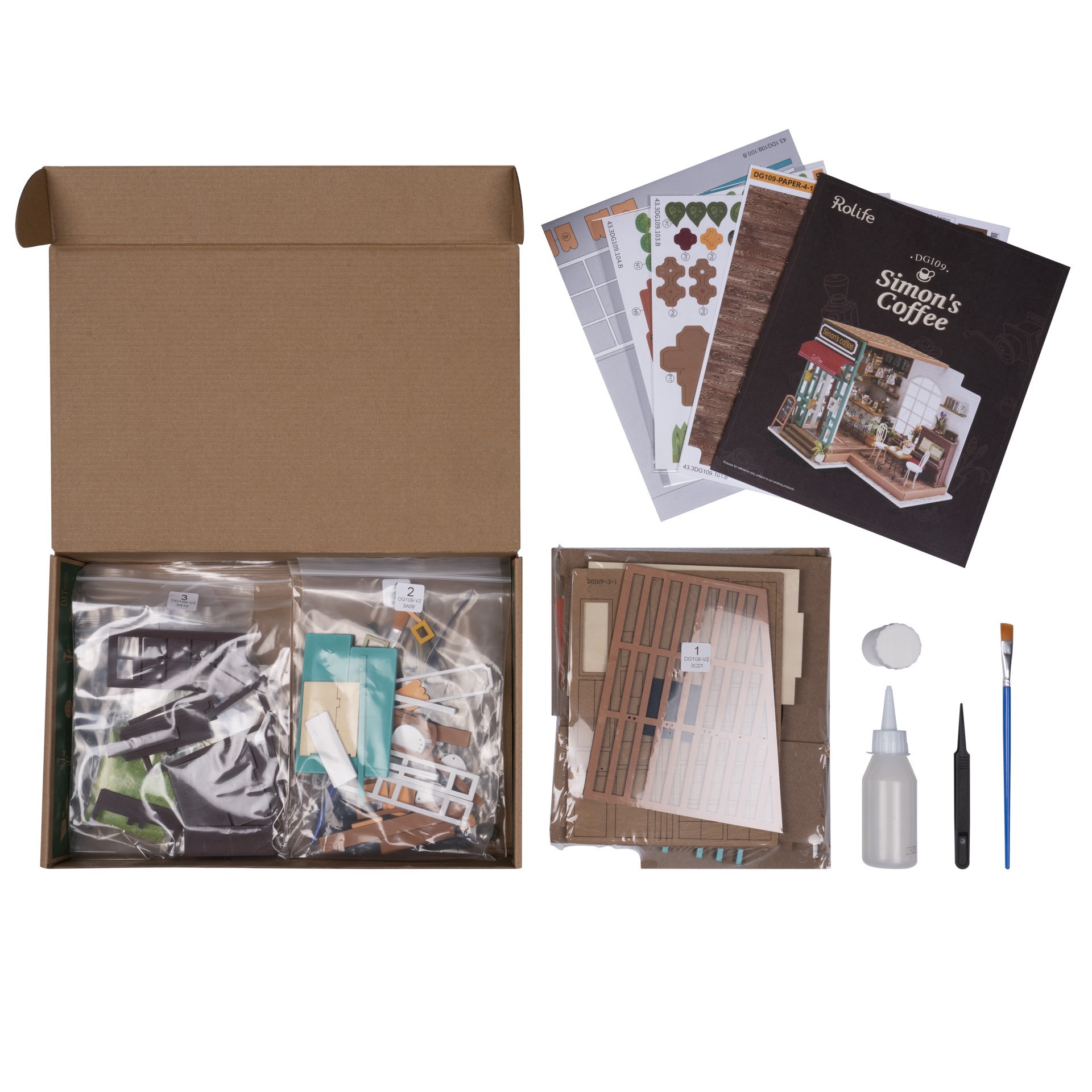 slide 7 of 16, Robotime Rolife Simon's Coffee Shop Diy Miniature House Kit, 7.48 in x 7.64 in x 8.9 in