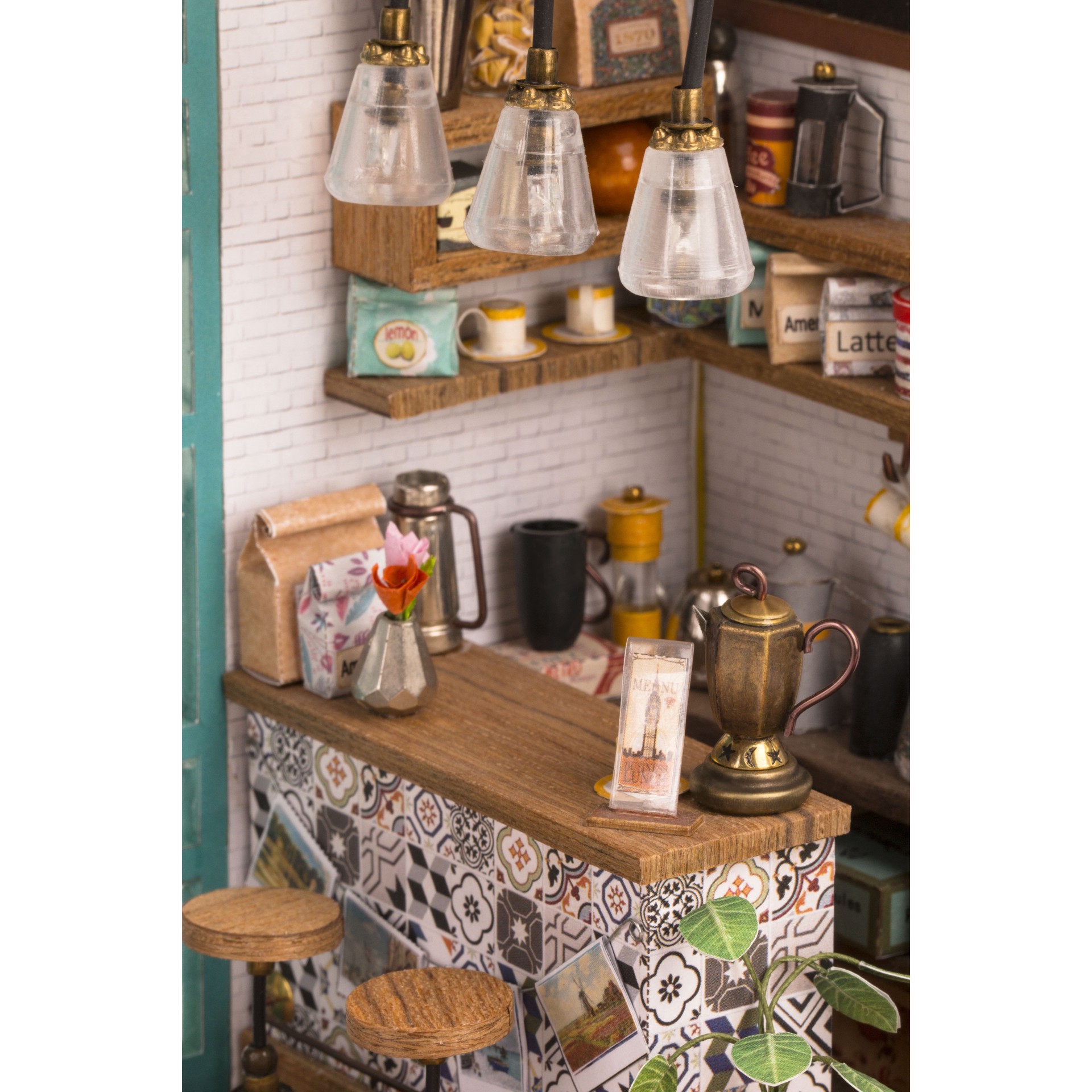 slide 12 of 16, Robotime Rolife Simon's Coffee Shop Diy Miniature House Kit, 7.48 in x 7.64 in x 8.9 in