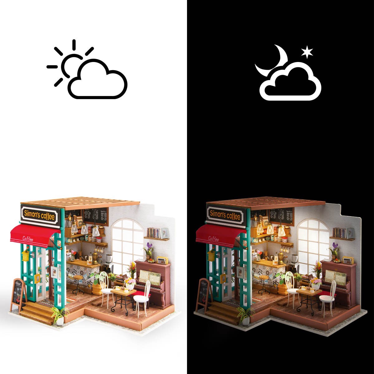 slide 16 of 16, Robotime Rolife Simon's Coffee Shop Diy Miniature House Kit, 7.48 in x 7.64 in x 8.9 in