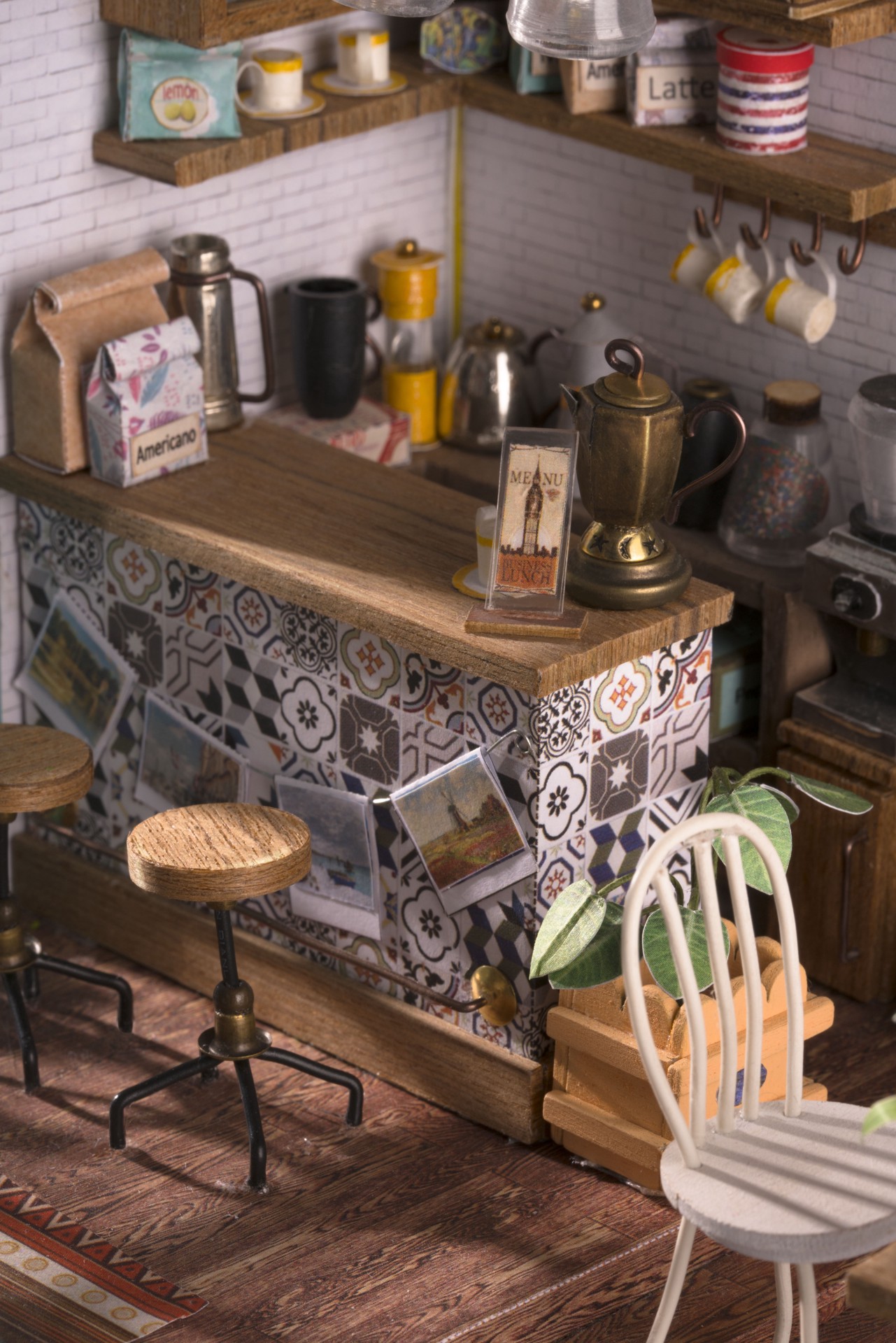 slide 6 of 16, Robotime Rolife Simon's Coffee Shop Diy Miniature House Kit, 7.48 in x 7.64 in x 8.9 in