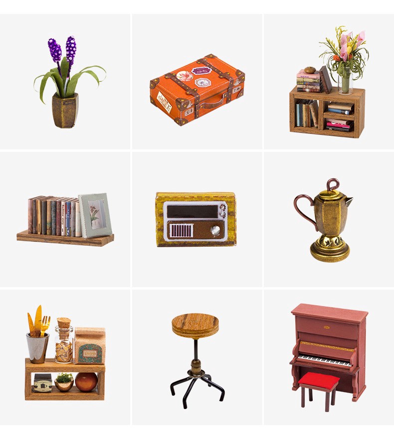 slide 13 of 16, Robotime Rolife Simon's Coffee Shop Diy Miniature House Kit, 7.48 in x 7.64 in x 8.9 in