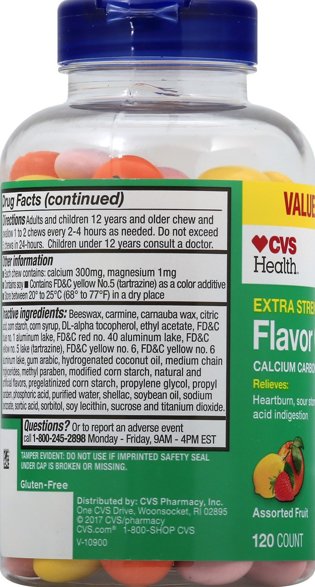 slide 5 of 9, CVS Health Extra Strength Antacid Flavor Chews, Assorted Fruit, 120 Ct, 120 ct