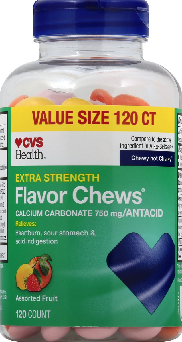 slide 3 of 9, CVS Health Extra Strength Antacid Flavor Chews, Assorted Fruit, 120 Ct, 120 ct