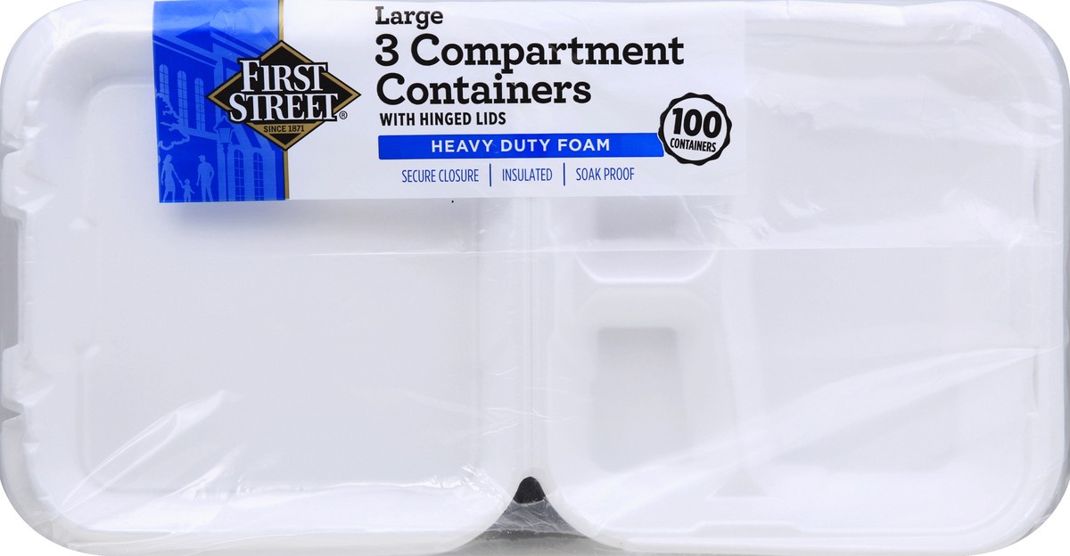 slide 4 of 6, First Street Large 3 Compartment Containers, 100 ct