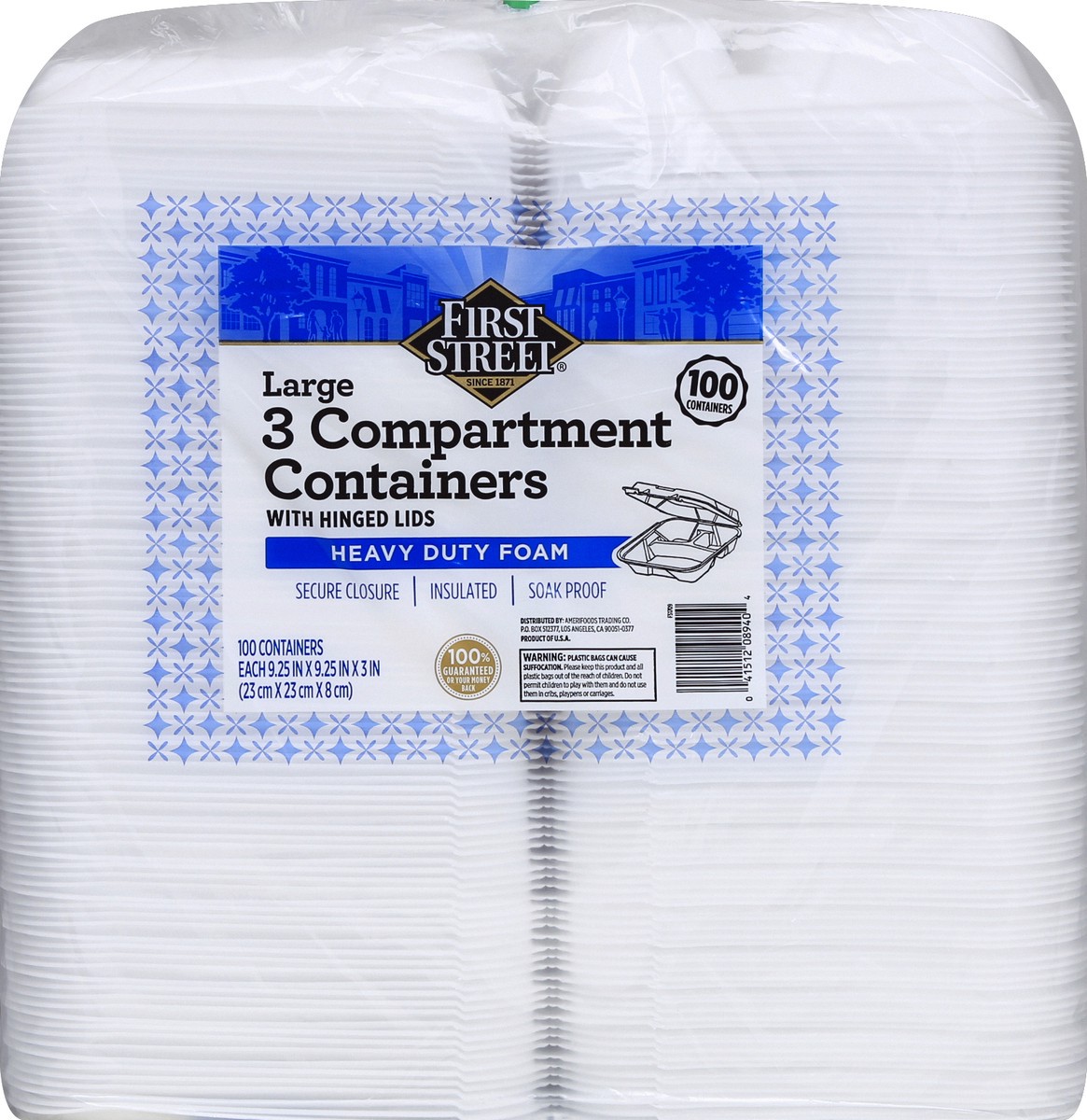 slide 6 of 6, First Street Large 3 Compartment Containers, 100 ct