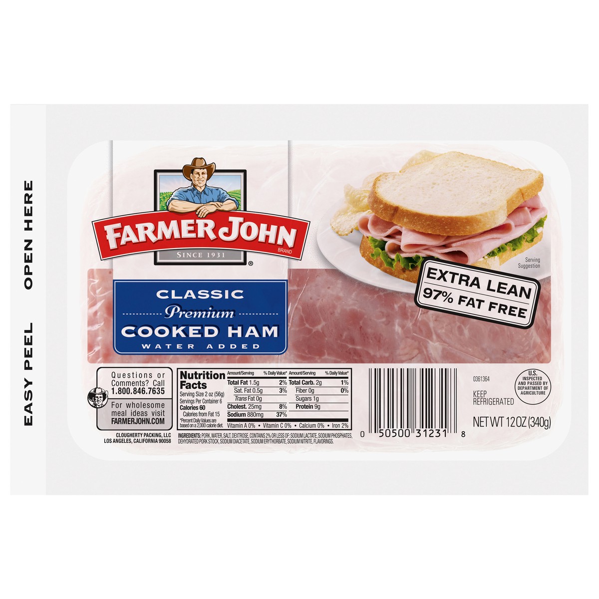 slide 1 of 6, Farmer John Classic Premium Cooked Sliced Ham, 12 oz