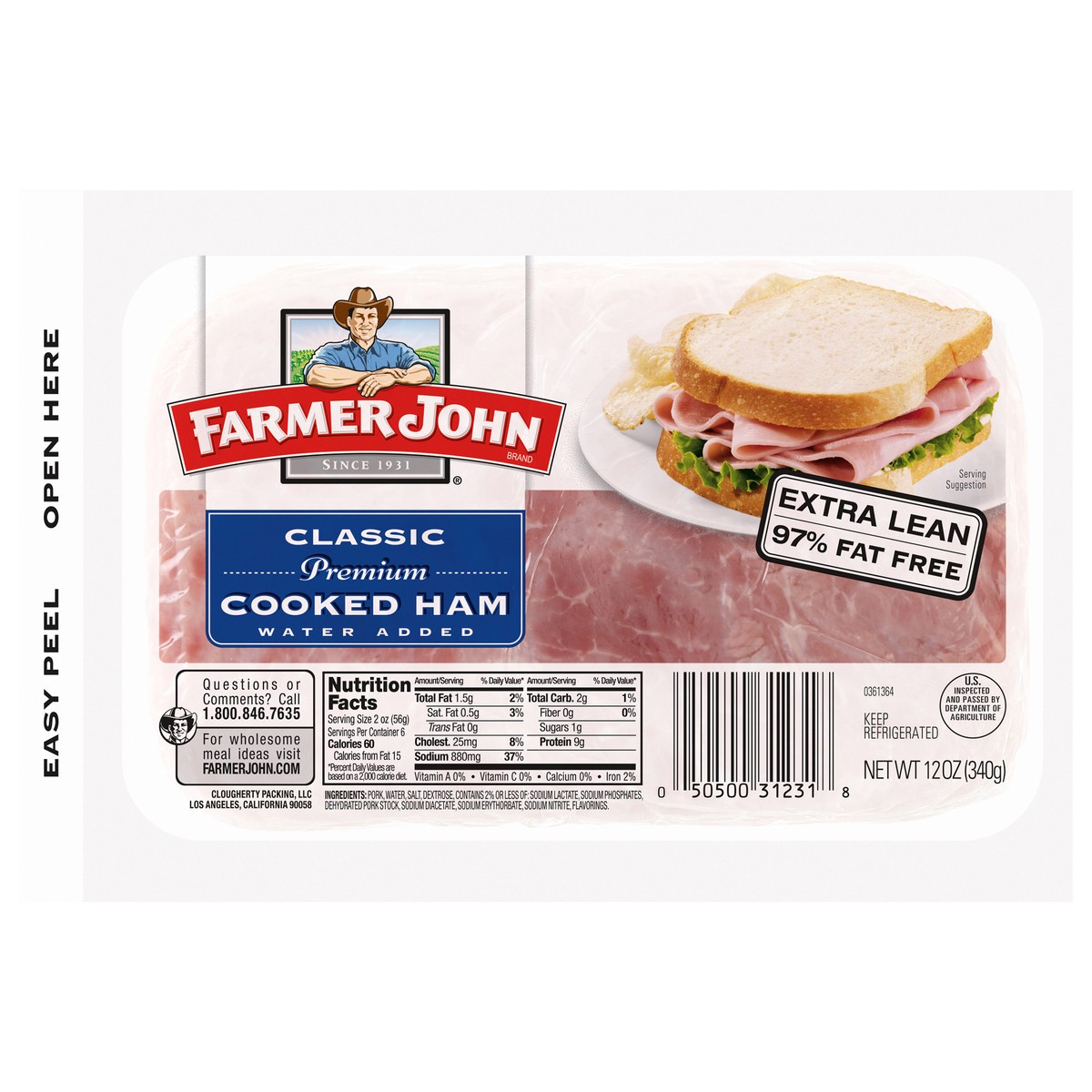slide 1 of 1, Farmer John Classic Premium Cooked Ham, 12oz., 12 oz