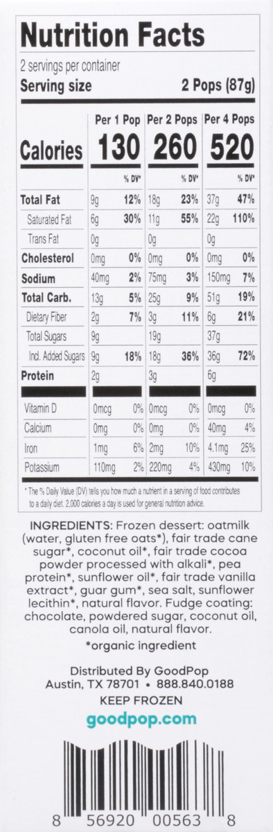 slide 6 of 9, GoodPop Double Chocolate Fudge Dairy-Free Oat Milk Frozen Dessert Bars, 4 Ct, 4 ct