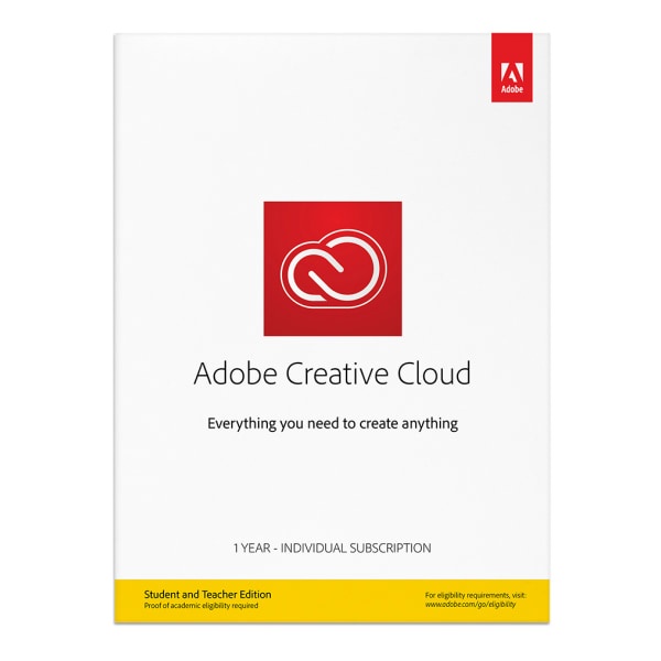 slide 1 of 1, Adobe Creative Cloud, Student/Teacher Edition, 1-Year Individual Subscription, For Pc/Mac, Traditional Disc, 1 ct