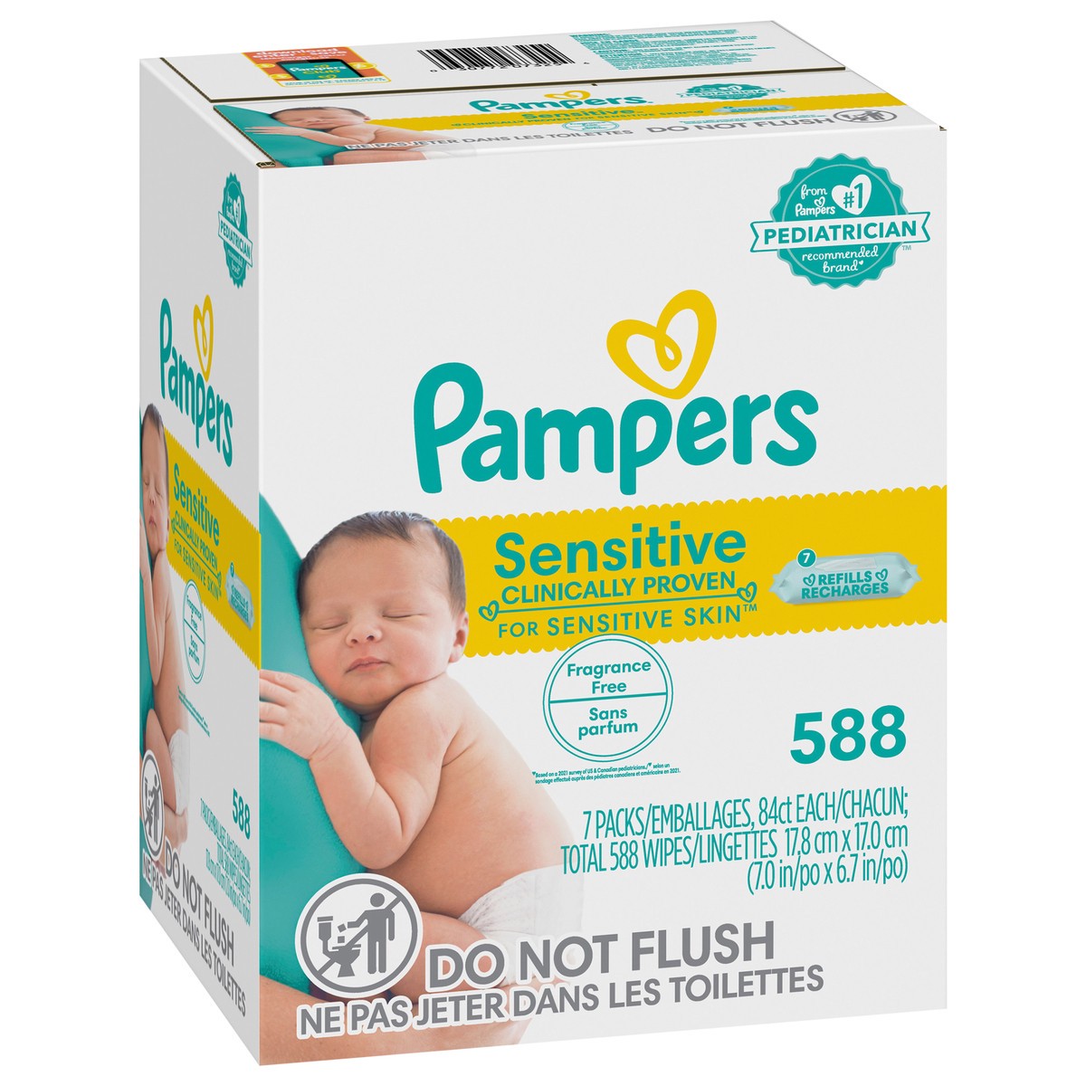slide 2 of 4, Pampers Sensitive Baby Wipes, Clinically Proven, Water Based, Hypoallergenic and Unscented Baby Wipes, 588 Baby Wipes Total (7X Flip-Top Packs), 6 ct