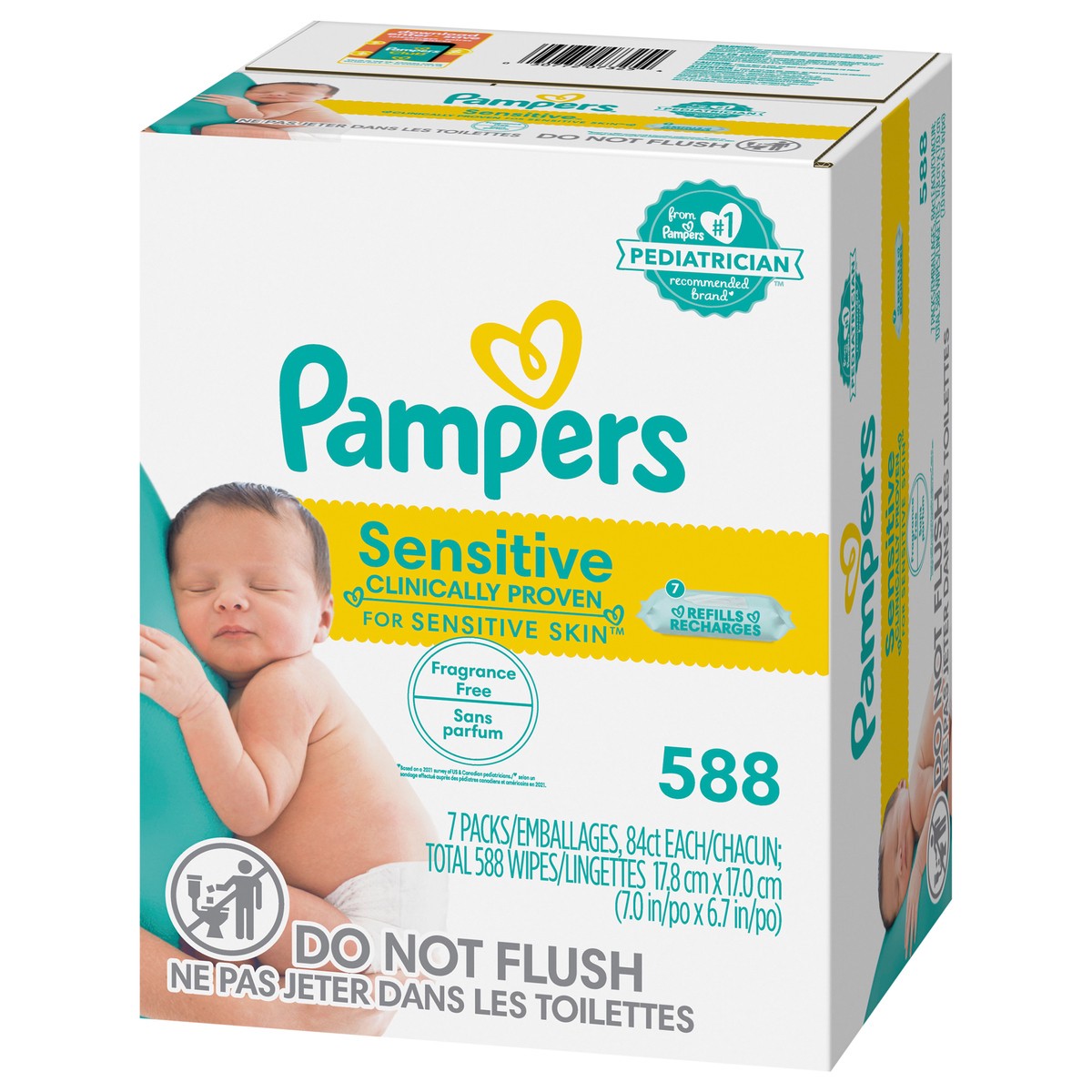 slide 3 of 4, Pampers Sensitive Baby Wipes, Clinically Proven, Water Based, Hypoallergenic and Unscented Baby Wipes, 588 Baby Wipes Total (7X Flip-Top Packs), 6 ct
