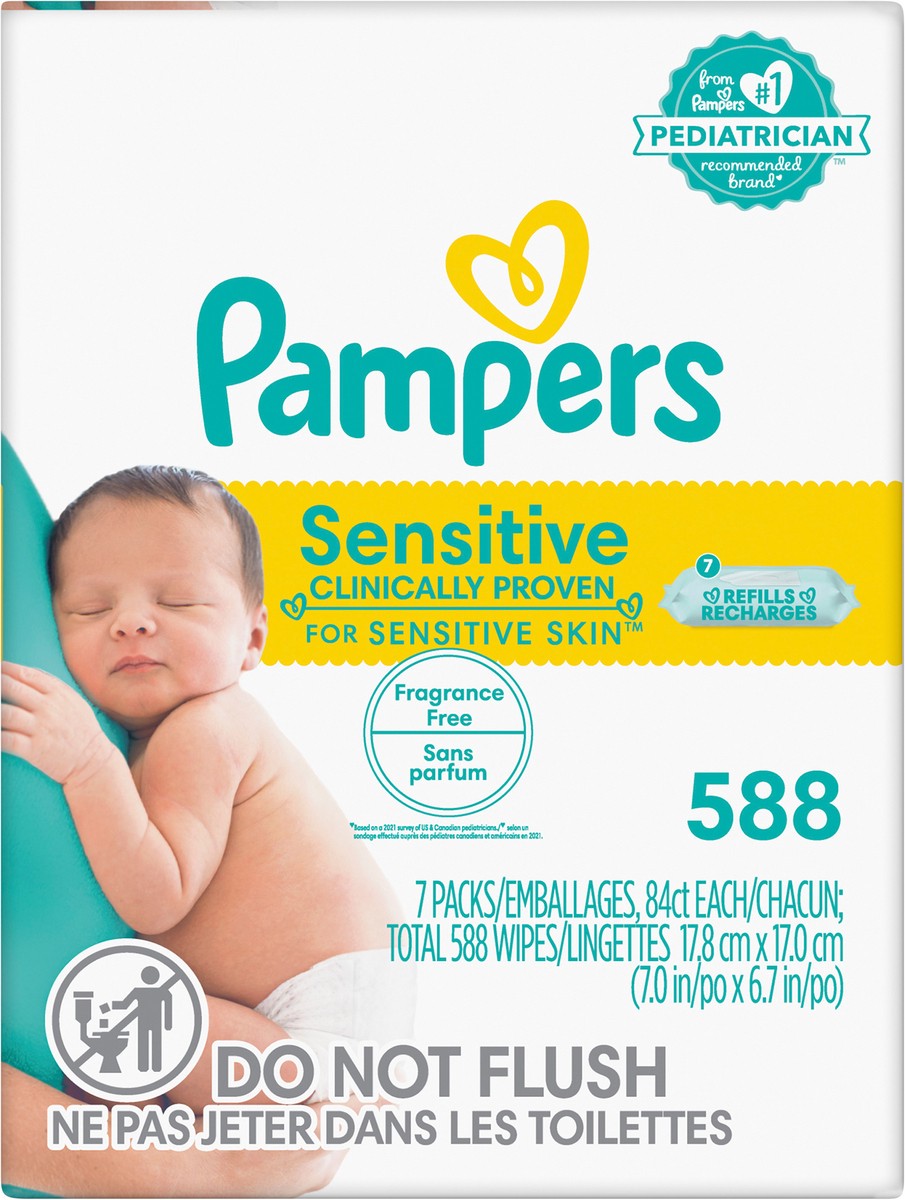slide 4 of 4, Pampers Sensitive Baby Wipes, Clinically Proven, Water Based, Hypoallergenic and Unscented Baby Wipes, 588 Baby Wipes Total (7X Flip-Top Packs), 6 ct