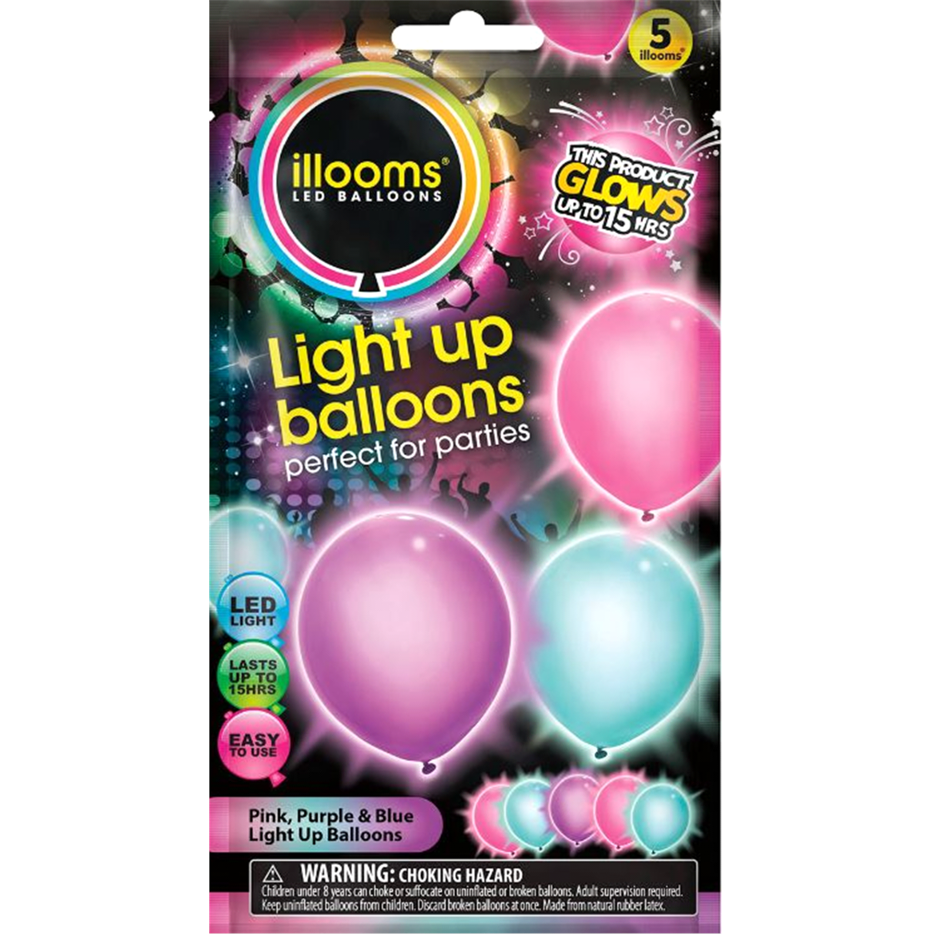 slide 1 of 1, Unique 9" Light Blue, Purple, and Pink LED Light Up Balloons, 5 ct