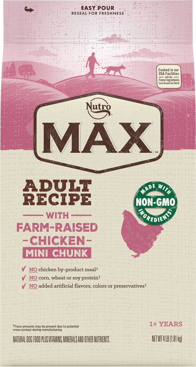 slide 5 of 9, Nutro Max 1+ Years Adult Recipe Mini Chunk with Farm-Raised Chicken Dog Food 4 lb, 4 lb