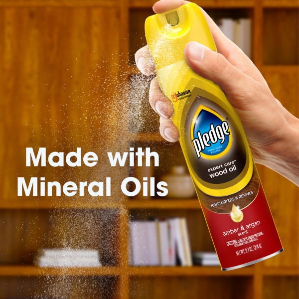 slide 19 of 22, Pledge Wood Oil, Expert Care™, Aerosol, Amber & Argan Scent, 9.7 oz., 9.7 oz