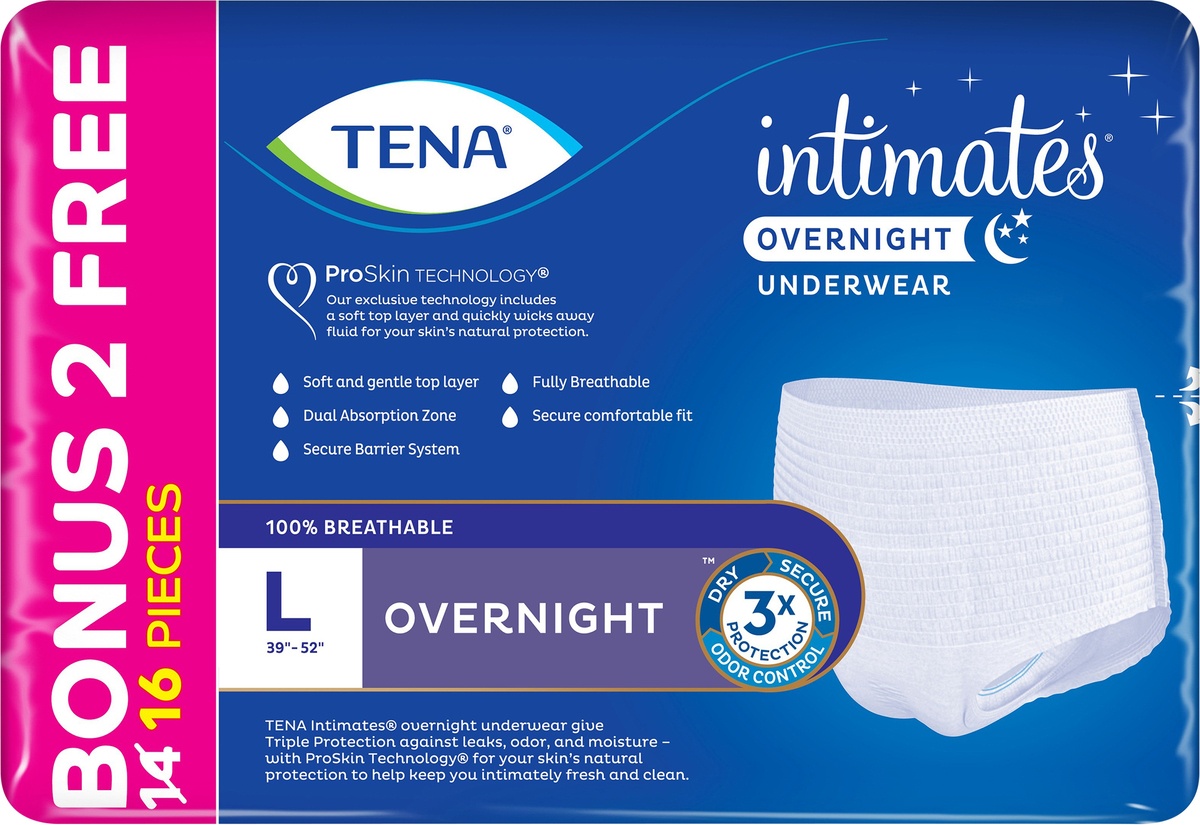 slide 2 of 5, Tena Intimates Incontinence Overnight Underwear for Women, Size Large, 14+2 Bonus Pack, 16 ct